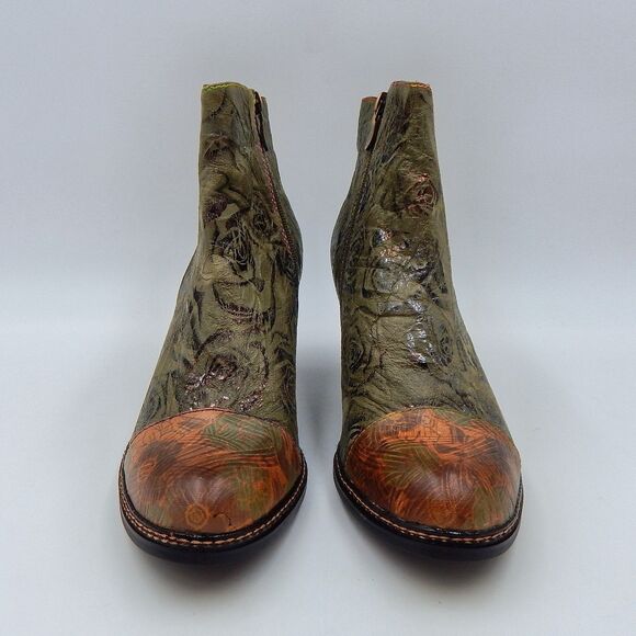 Spring Step L'Artiste Boots 42/11 Green Floral Leather Waterlily Zip Ankle Boho - Picture 2 of 14